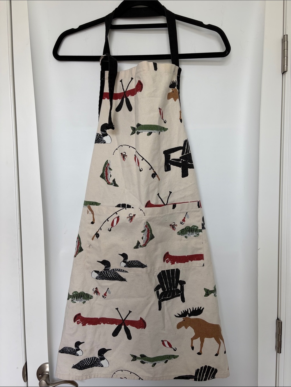Hatley cotton Canvas Apron with Outdoors Forest Animal Print Moose canoe fish